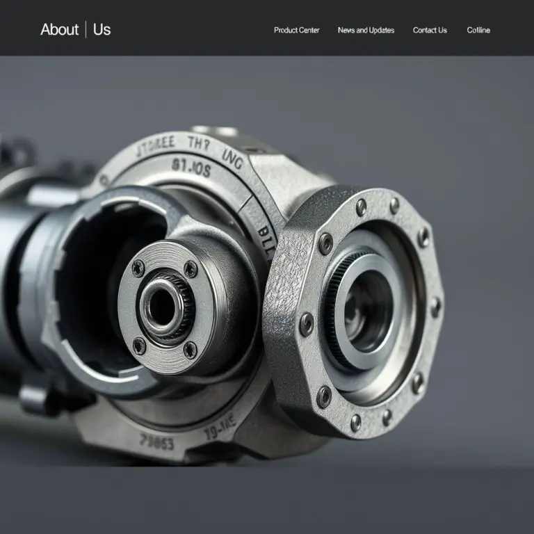 Close-up of a hydraulic gear pump on a gray website background with navigation.