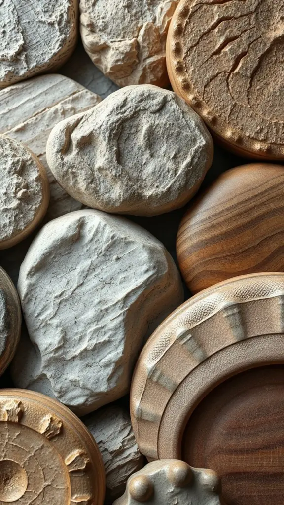 Close-up of realistic textures: weathered stone, polished wood, smooth metal, and soft fabric.