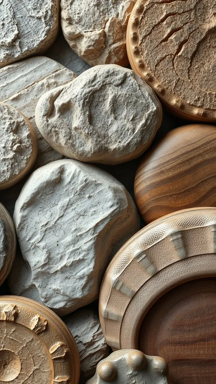 Close-up of realistic textures: weathered stone, polished wood, smooth metal, and soft fabric.
