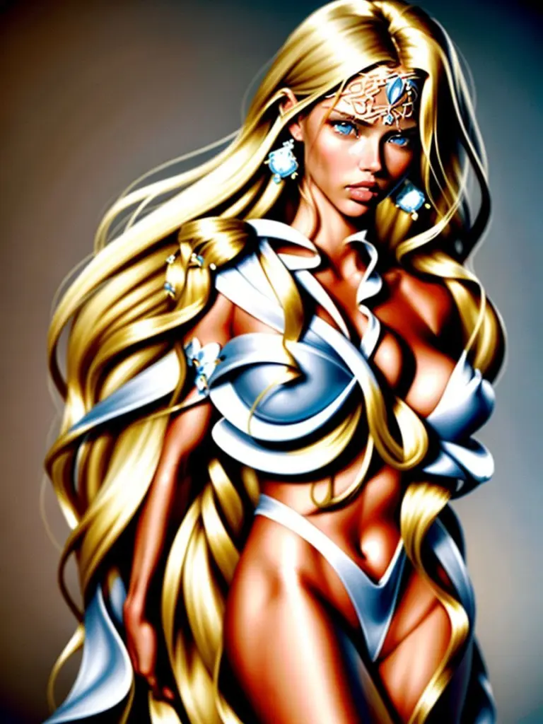 Hyper-realistic portrait of a blonde supermodel with blue eyes and cascading golden hair.