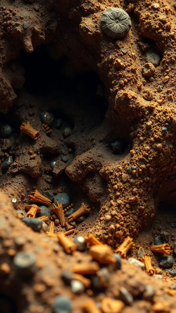 Hyperrealistic forest floor with sharp focus on textures.