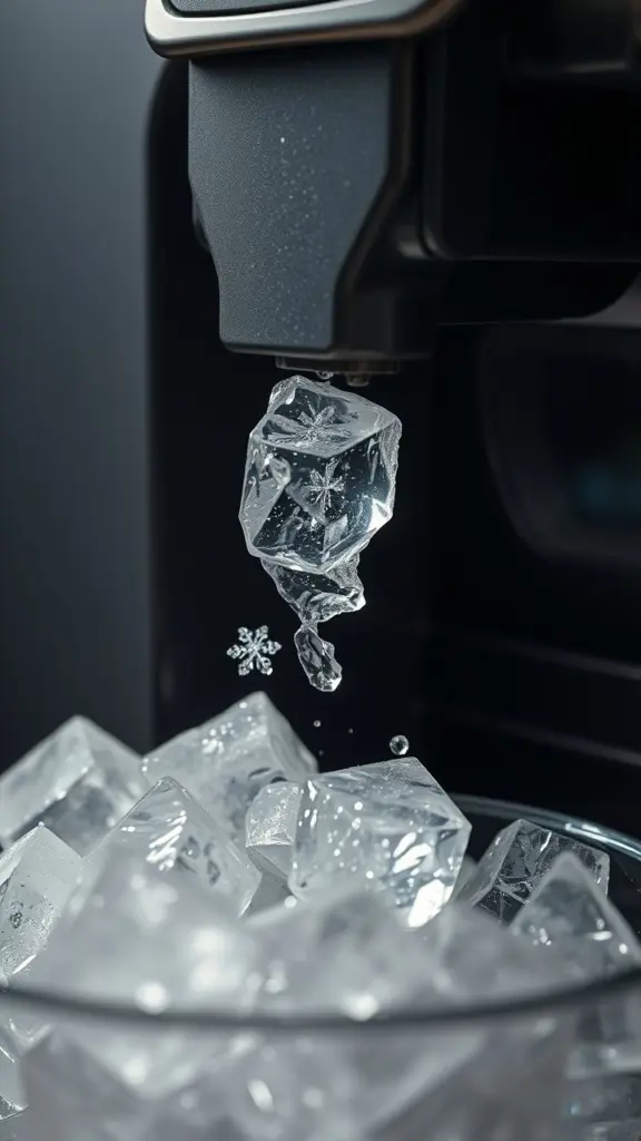 Close-up of ice maker dispensing glistening ice cubes.