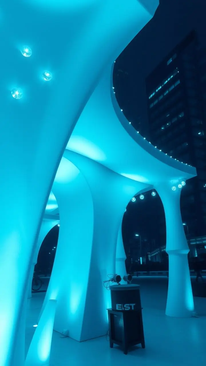 Architectural structure with LED lights and energy counters in cyanotype monochrome.