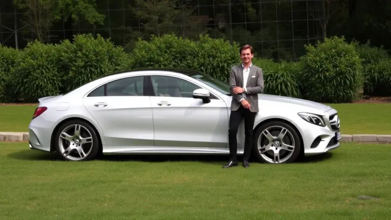 Ilya posing next to a Mercedes-Benz car.