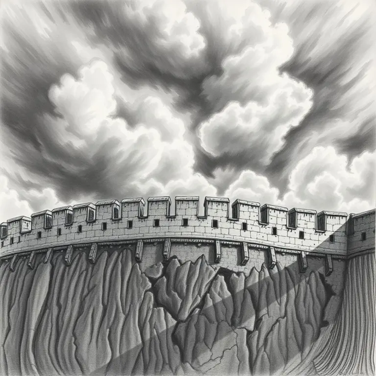 Charcoal drawing of an old fortress wall with stormy clouds.