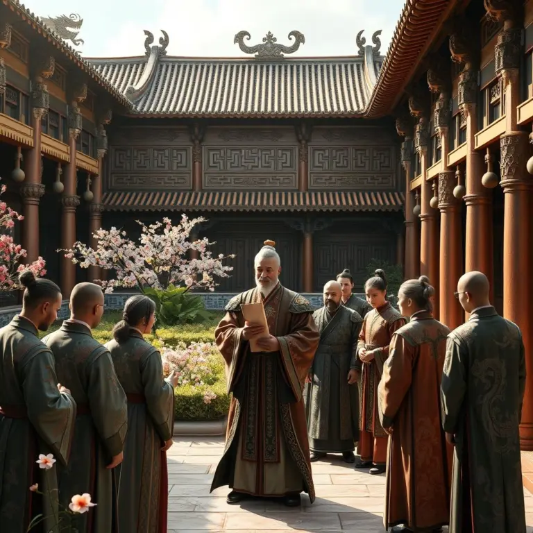 Majestic courtyard with Chinese and medieval elements, nobles plotting, regal figure with scroll.