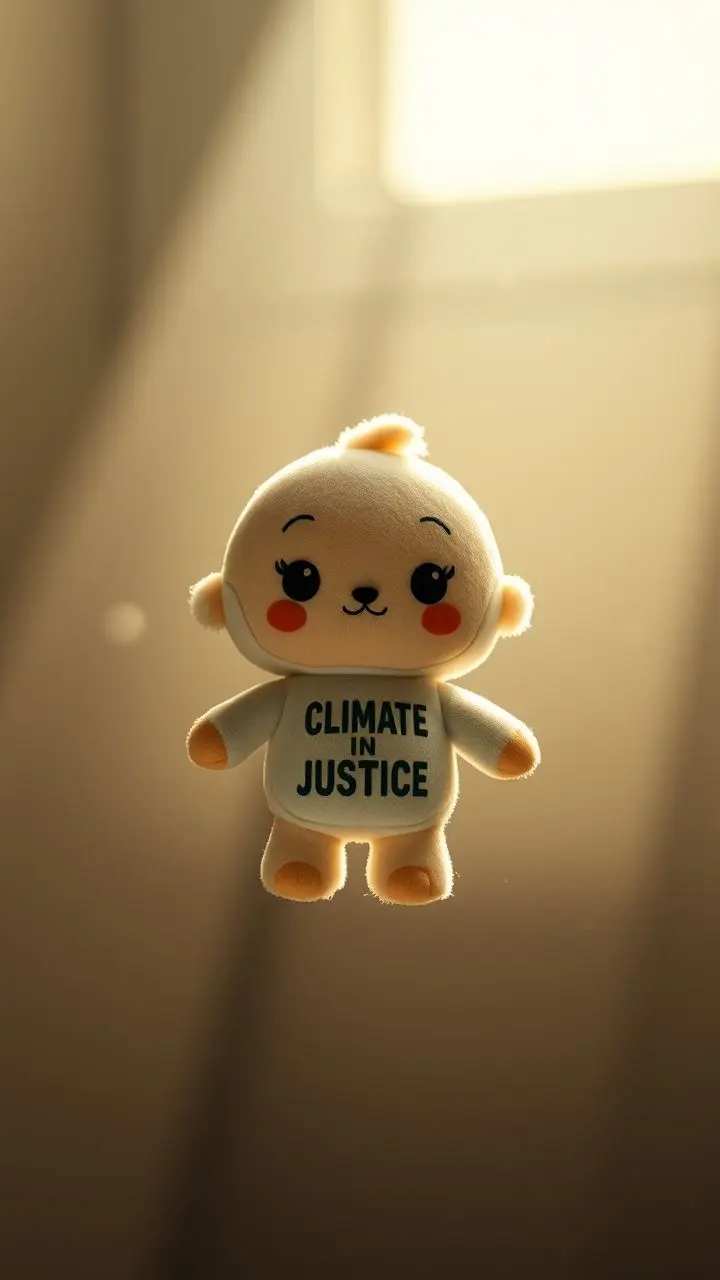 Plush toy symbolizing climate justice and inclusion, floating in soft light.
