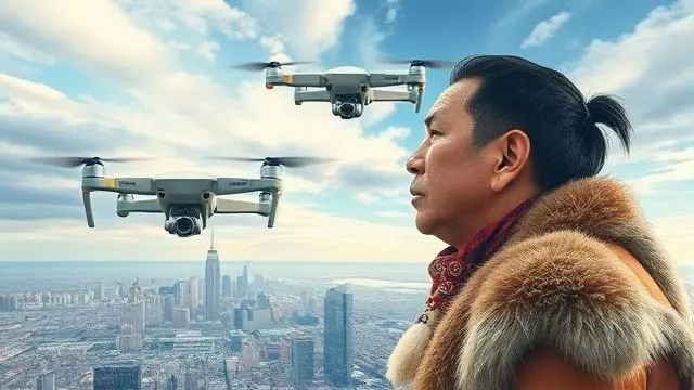 Native American man in traditional attire watching a drone swarm over a city.