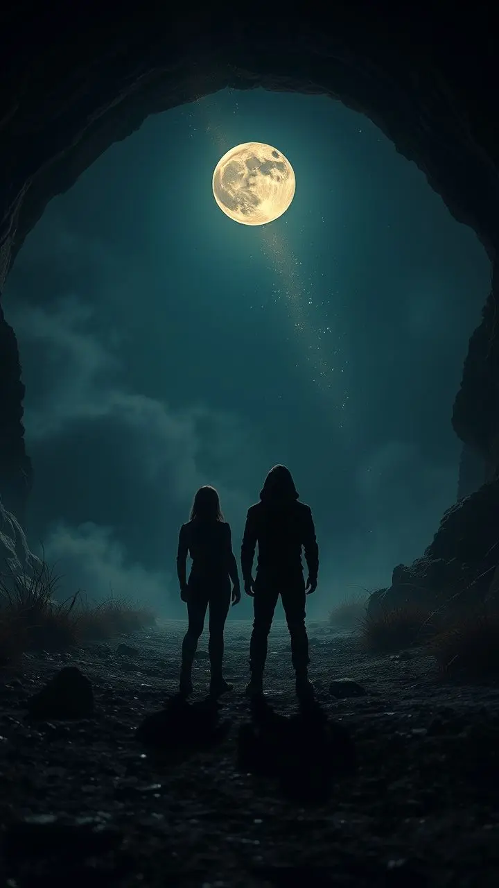 Indirect competitors in a surreal tunnel with smoky shadows and a star shower under a new moon.
