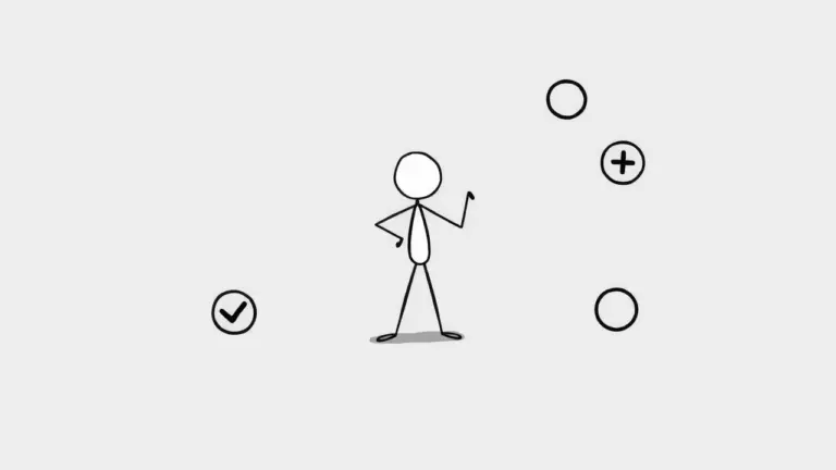 Pixelated stick figure in a dynamic pose surrounded by checkmarks, plus signs, and circles on a gray background.