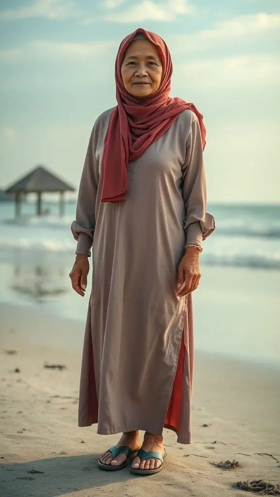 Portrait of an old Indonesian woman on a beach during sunrise.