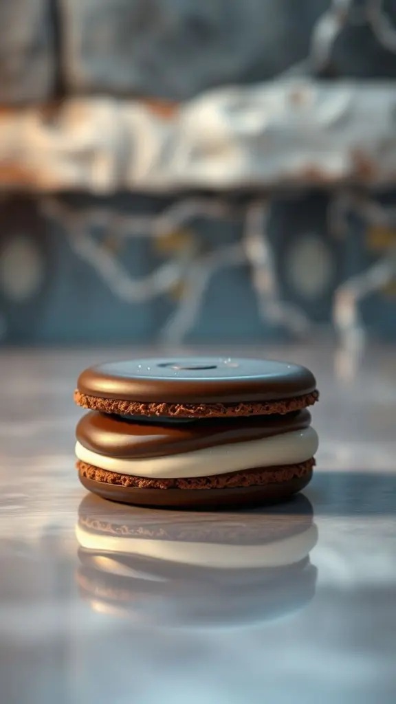 Close-up of a chocolate wafer with cream, showing textural details and reflections, with a subtly distressed background.