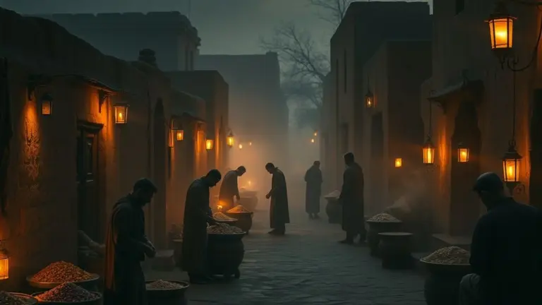 Indus Valley marketplace at twilight with oil lamps and trading figures.