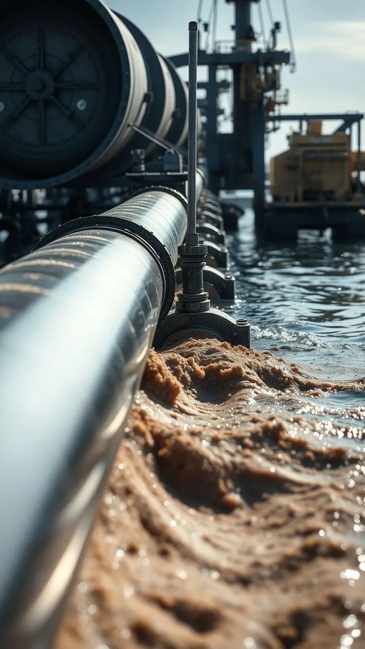 Large industrial pipeline and dredging cleaner in a waterway, highlighting machinery and water dynamics.