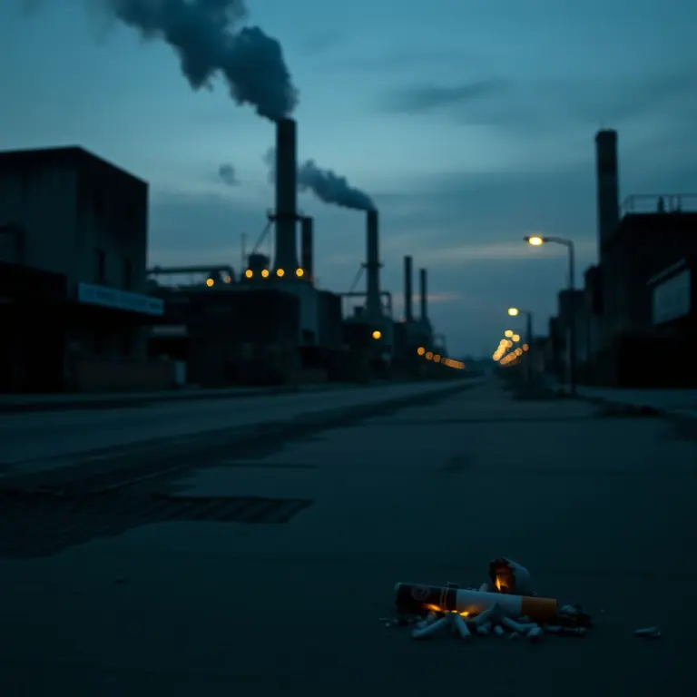 Urban industrial scene at dusk with gentle smog, smoldering cigarette ash, and a subdued, decaying atmosphere.