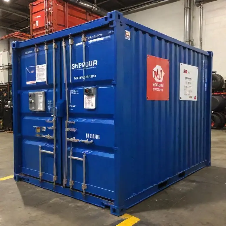 Ultra-realistic photo of a blue 20ft shipping container converted into an industrial unit, showing internal piping and valves.