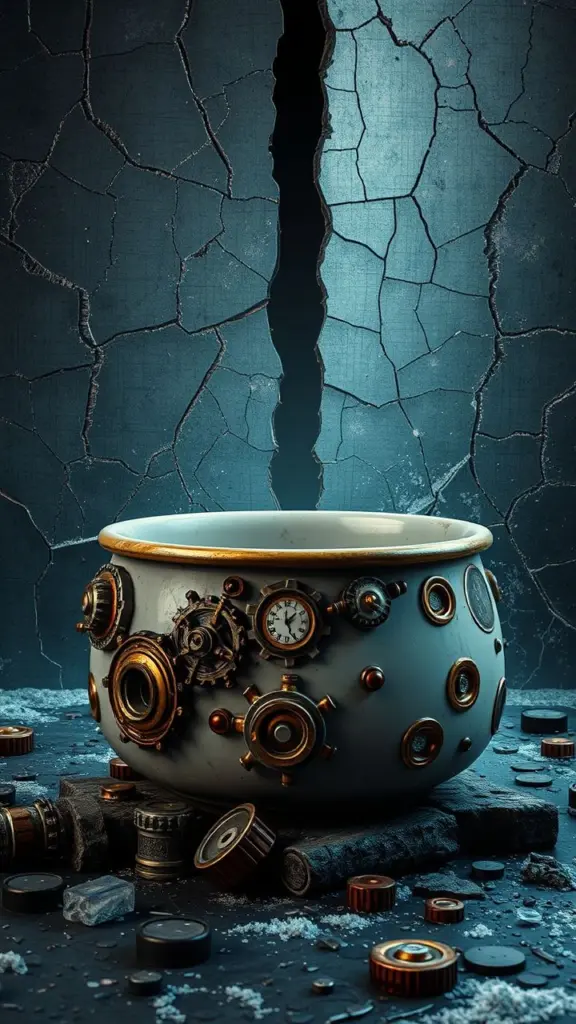 Ceramic pet bowl with steampunk elements and icy background.
