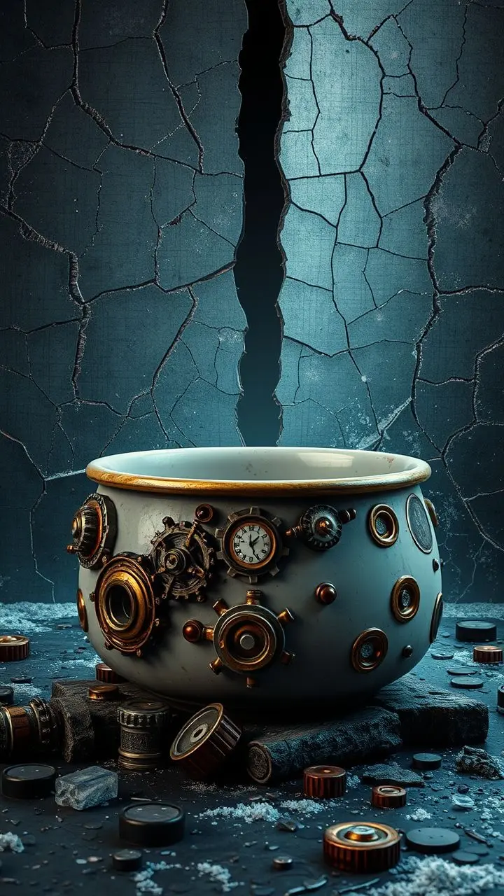 Ceramic pet bowl with steampunk elements and icy background.
