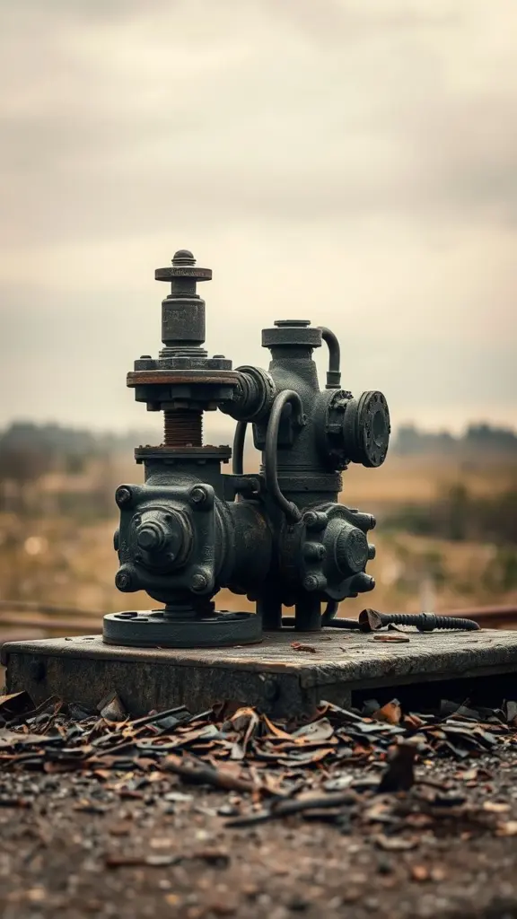 Vintage photo of industrial valve and manifold on a peninsula.