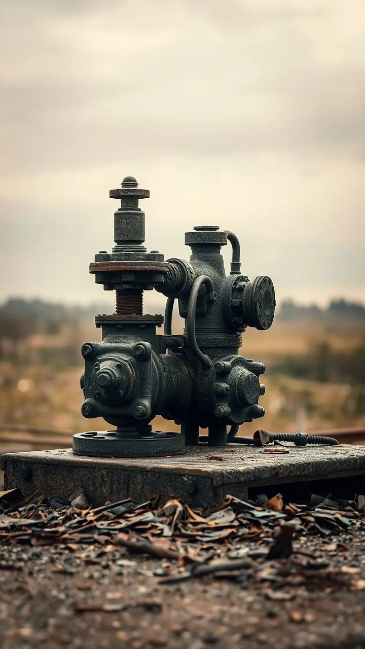 Vintage photo of industrial valve and manifold on a peninsula.