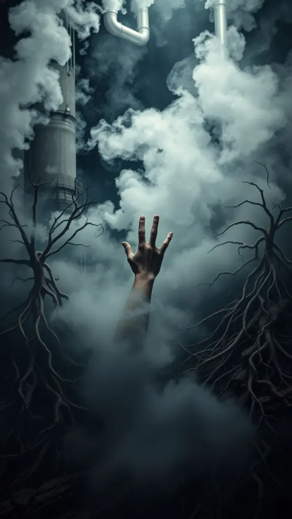 Human hand reaching through steam and roots in an industrial setting.