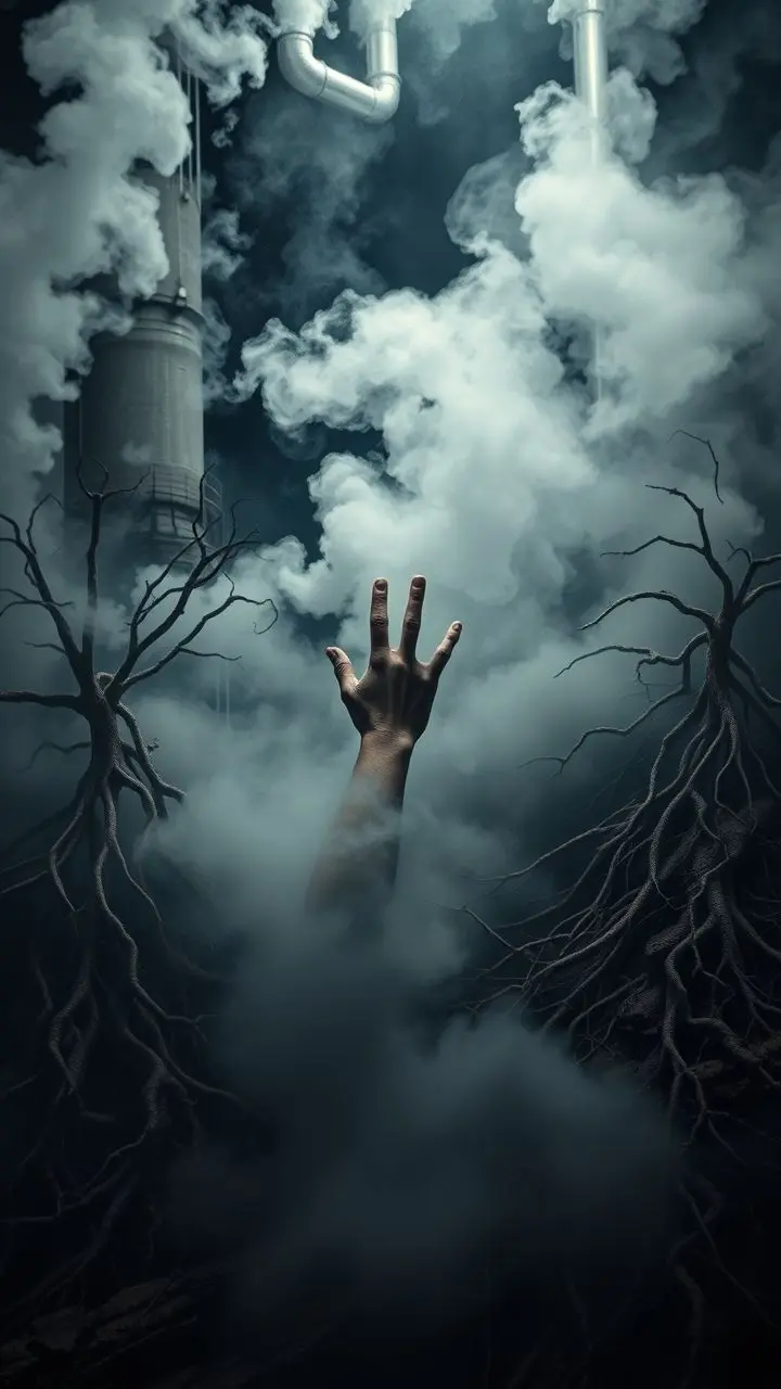 Human hand reaching through steam and roots in an industrial setting.