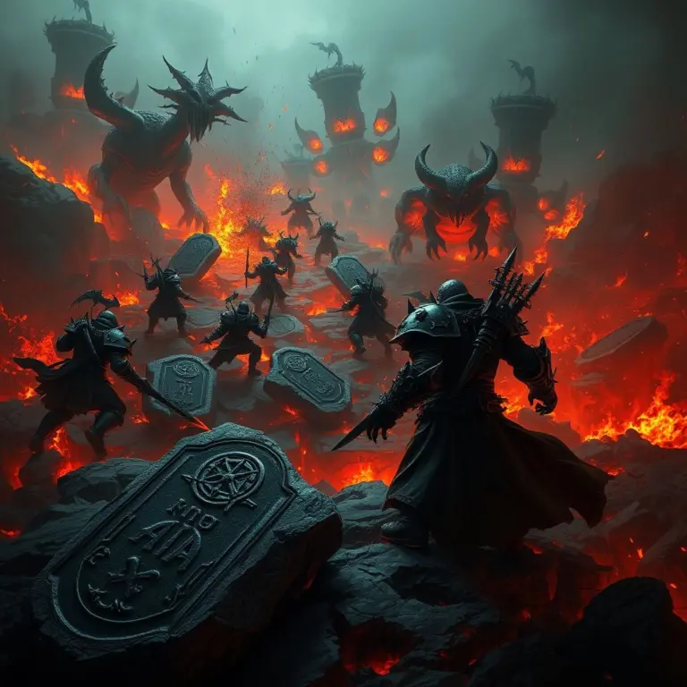 Diablo-like medieval battlefield with fire, monsters, and glowing runes.