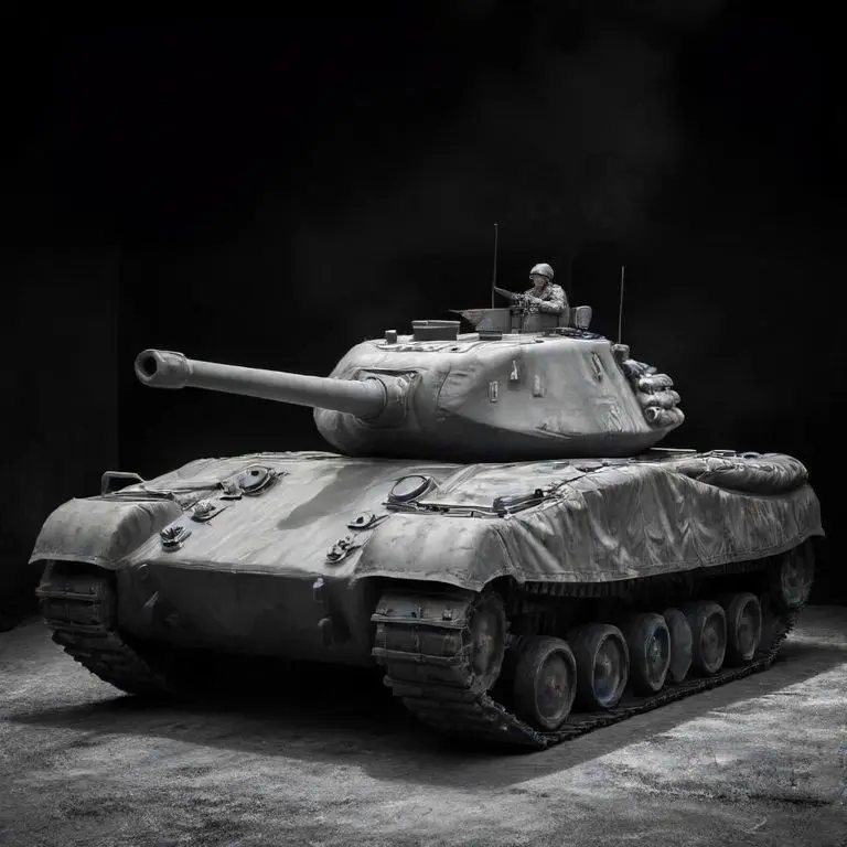 Black and white photo of inflatable military tanks and soldiers.