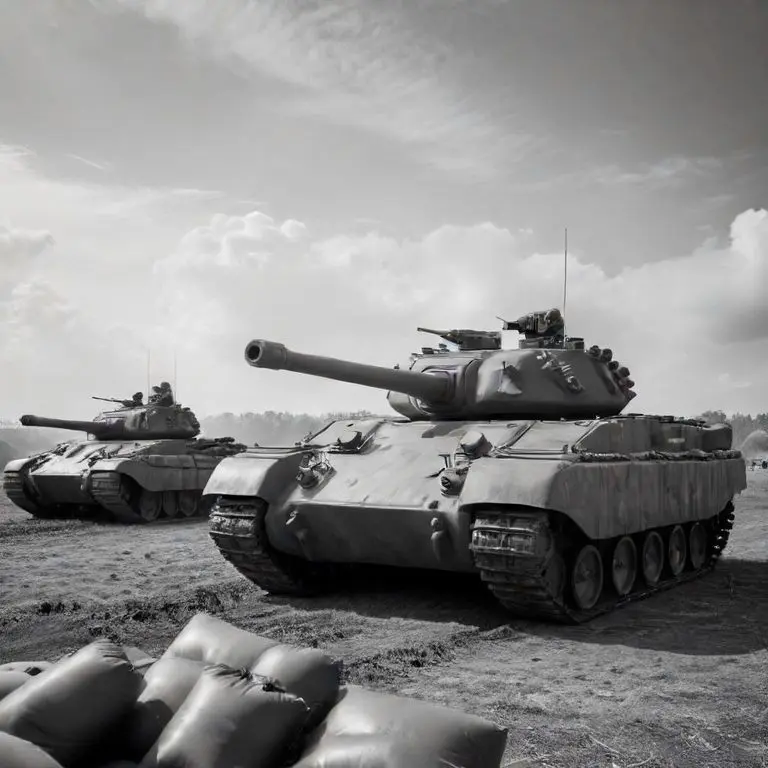 Inflatable tank and soldiers on a black and white battlefield.