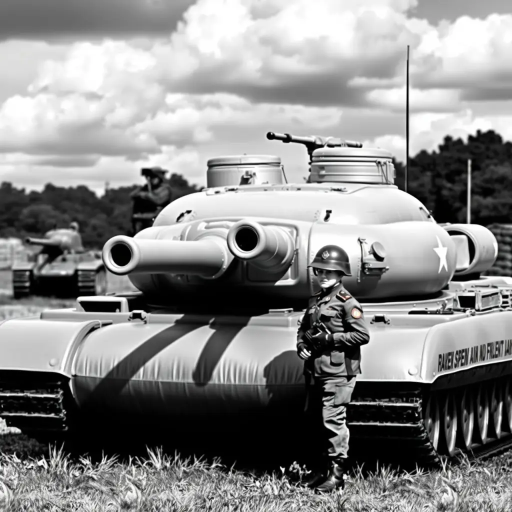 Black and white image of an inflatable tank with soldiers nearby on a war field.