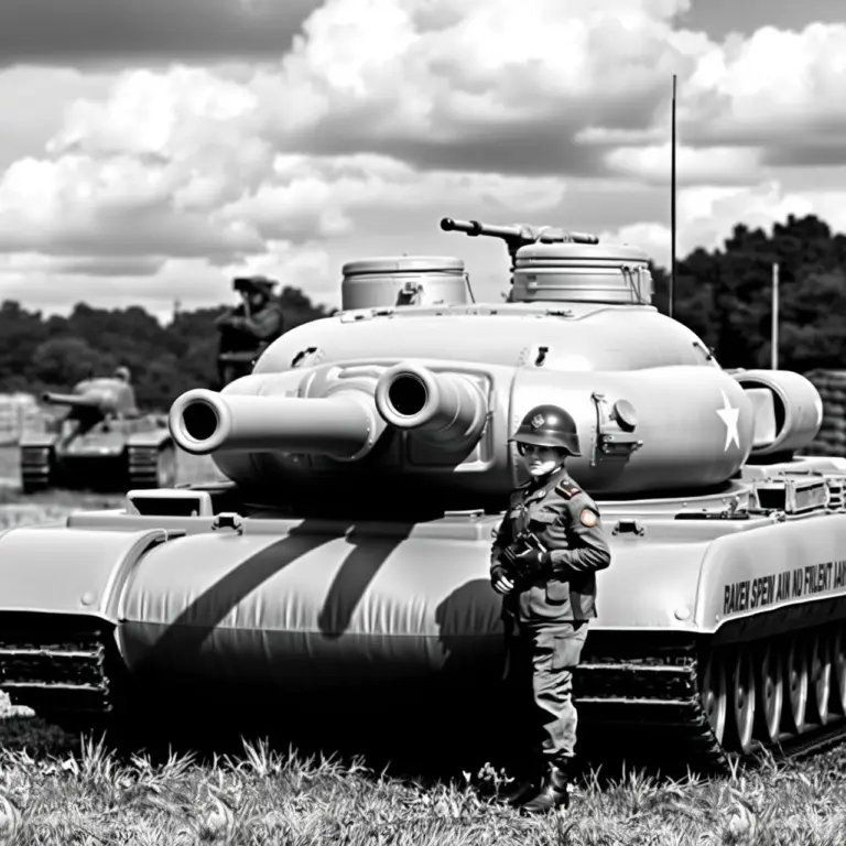 Black and white image of an inflatable tank with soldiers nearby on a war field.