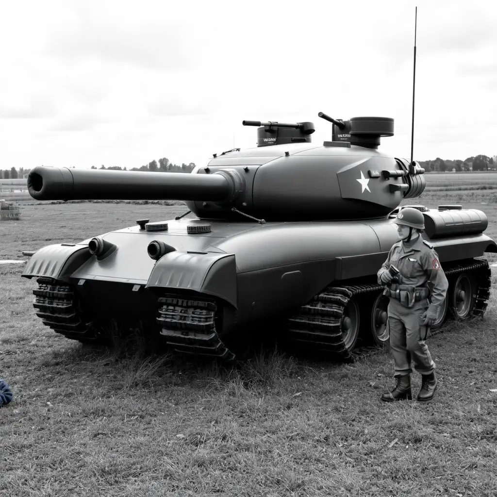 Black and white image of an inflatable tank and soldiers in a war field.