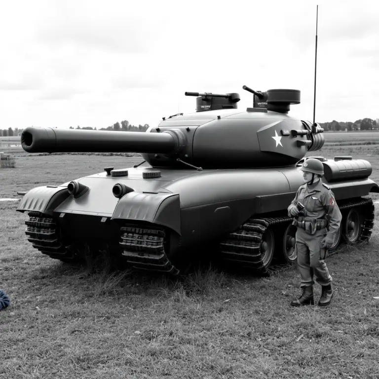 Black and white image of an inflatable tank and soldiers in a war field.