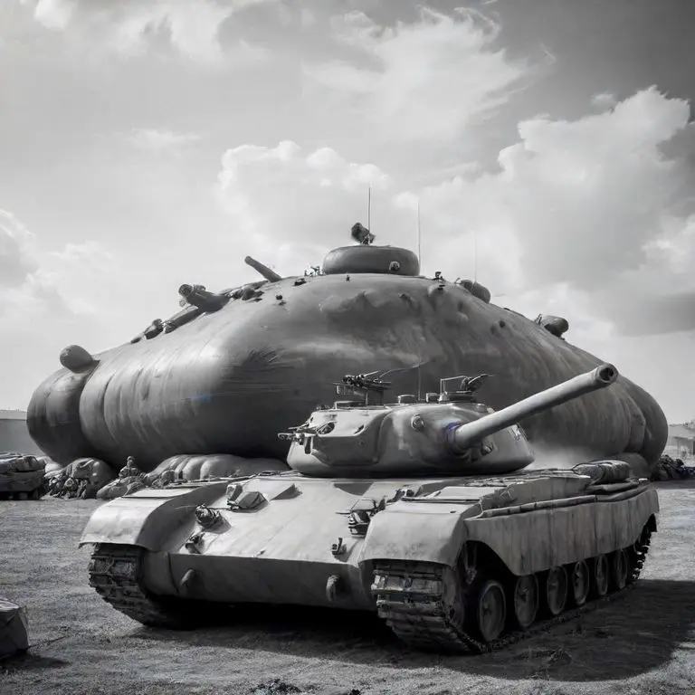 Black and white photo of an inflatable tank with soldiers.