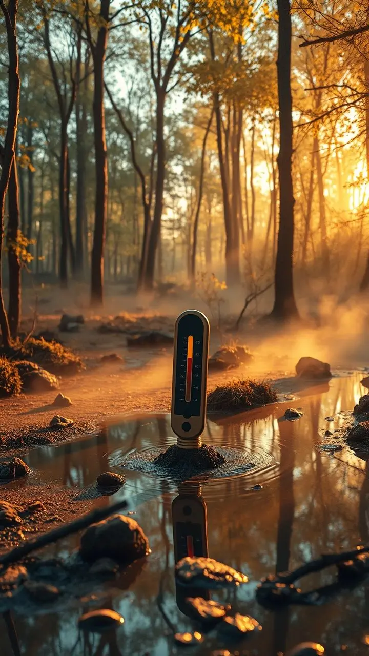 Infrared forest scene with temperature probe and smoky puddles during golden hour.