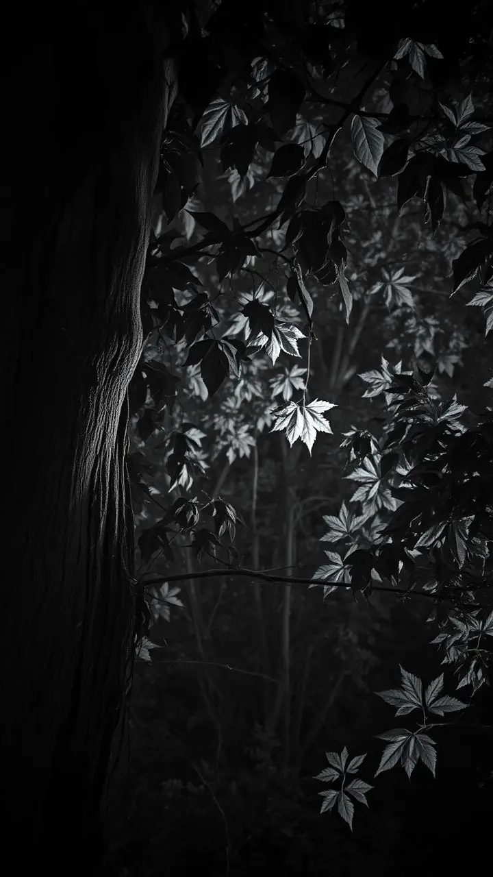 Black and white infrared image of a forest with bleeding bark and glowing foliage.
