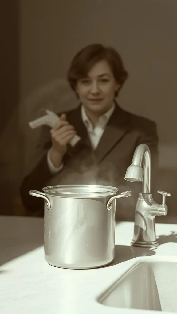 Infrared photo of a pot and faucet in haze with a teacher's face faintly visible.