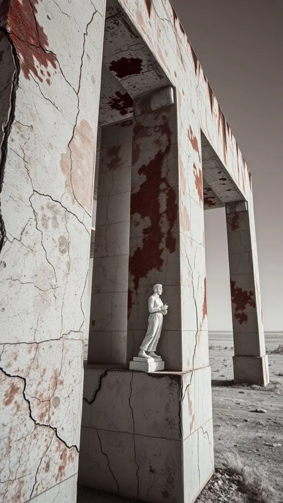 Infrared photo of a cracked, stained structure with symbolic elements.