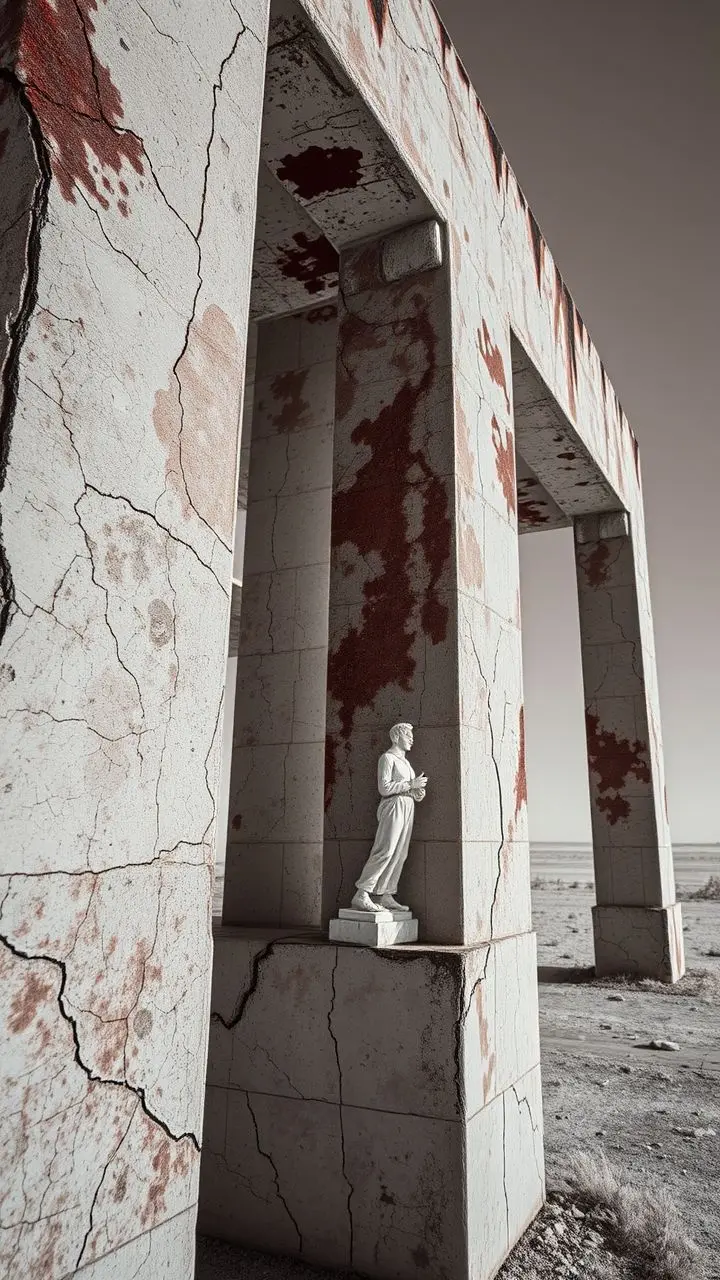 Infrared photo of a cracked, stained structure with symbolic elements.