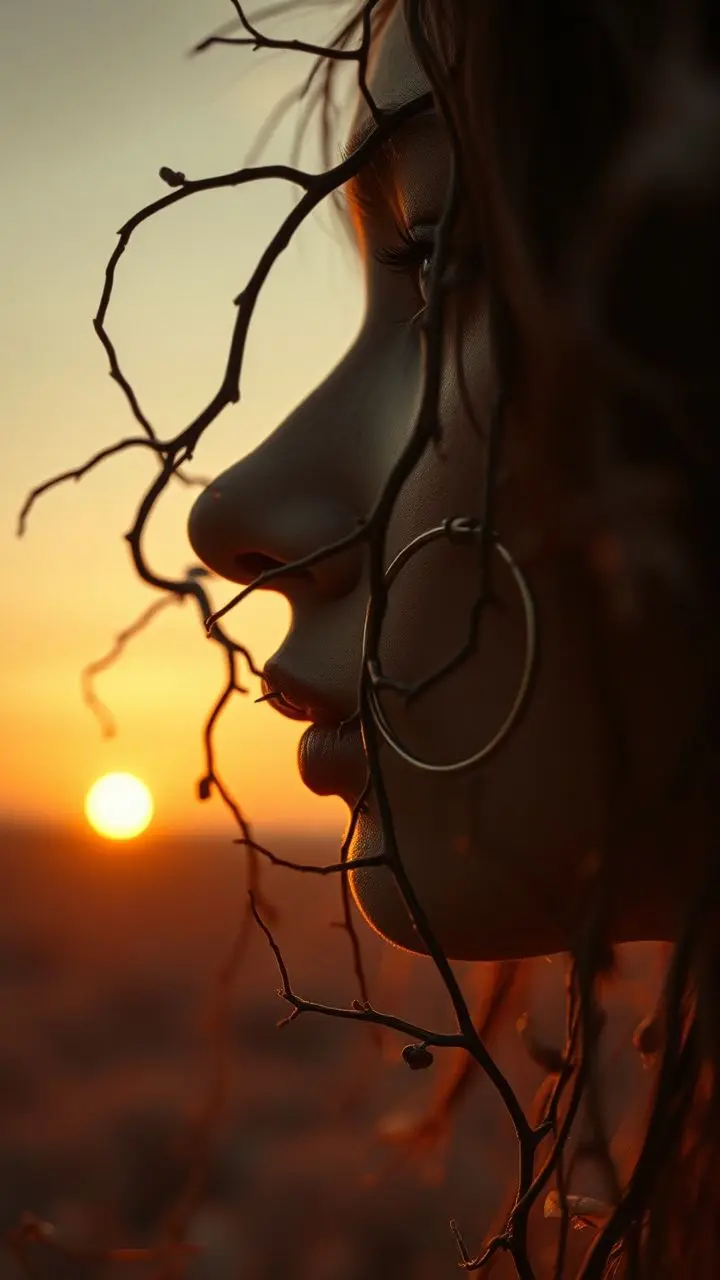 Grainy infrared photo of vines around a nose with a hoop earring at sunset.