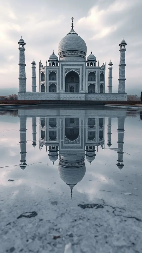 Infrared photo of Taj Mahal reflection on water, seaside background.