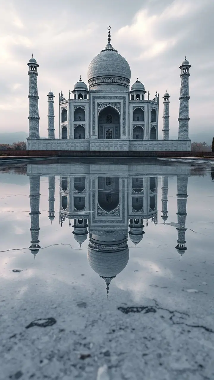 Infrared photo of Taj Mahal reflection on water, seaside background.
