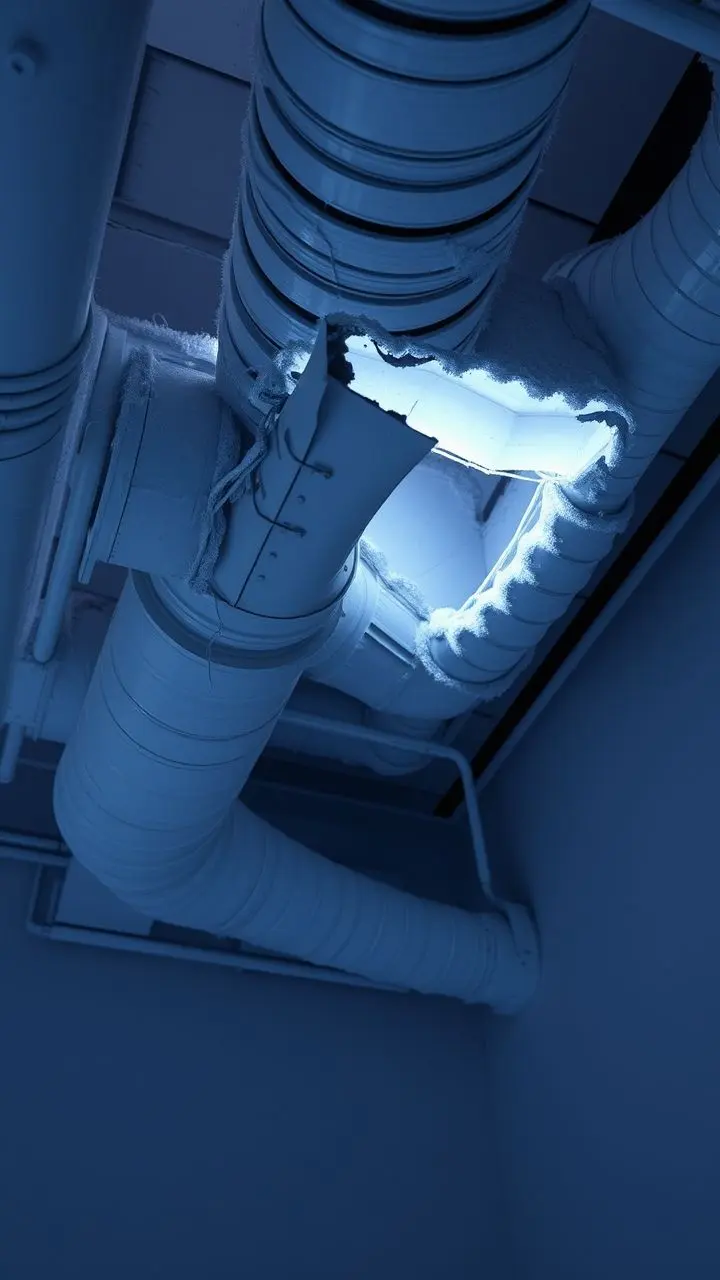 Infrared image showing damaged HVAC ductwork with wet outlines.