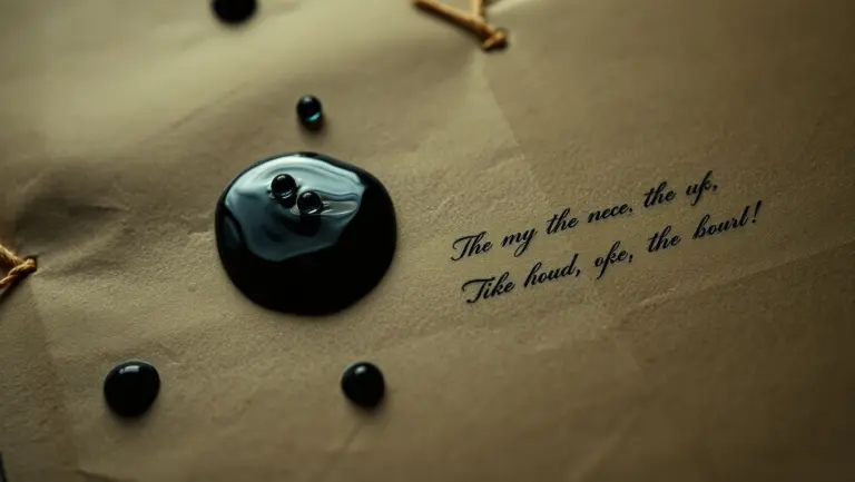Ink drops spreading on vintage paper with script.