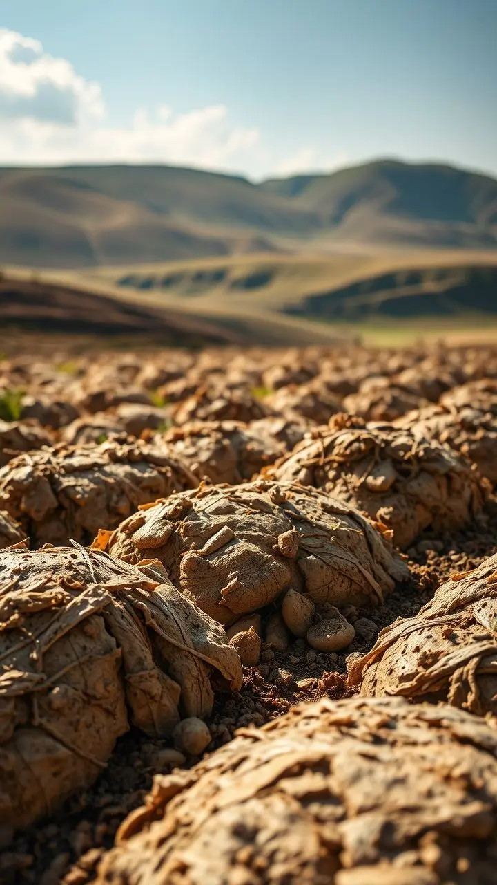 Serene landscape of sheep manure from Inner Mongolia with balanced light and shadow.