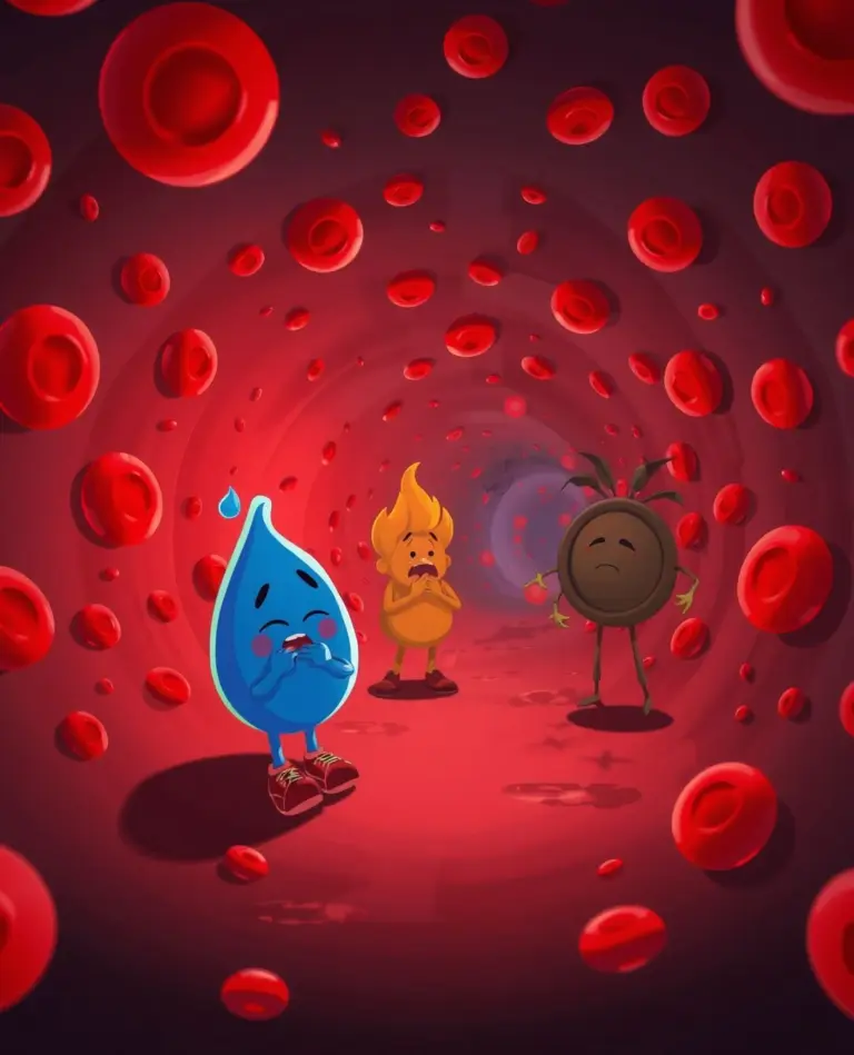 Cartoon characters Kappu, Pittu, and Vatu are in a dim, red bloodstream.