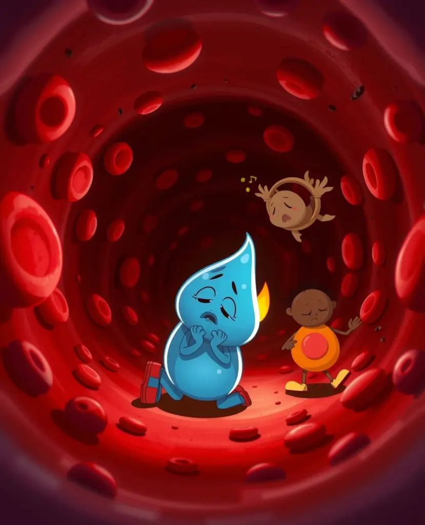 Cartoon characters Kappu, Pittu, and Vatu weak in a red bloodstream.
