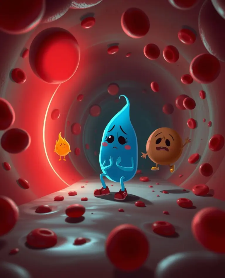 Cartoon characters Kappu, Pittu, and Vatu are weak inside a red bloodstream.