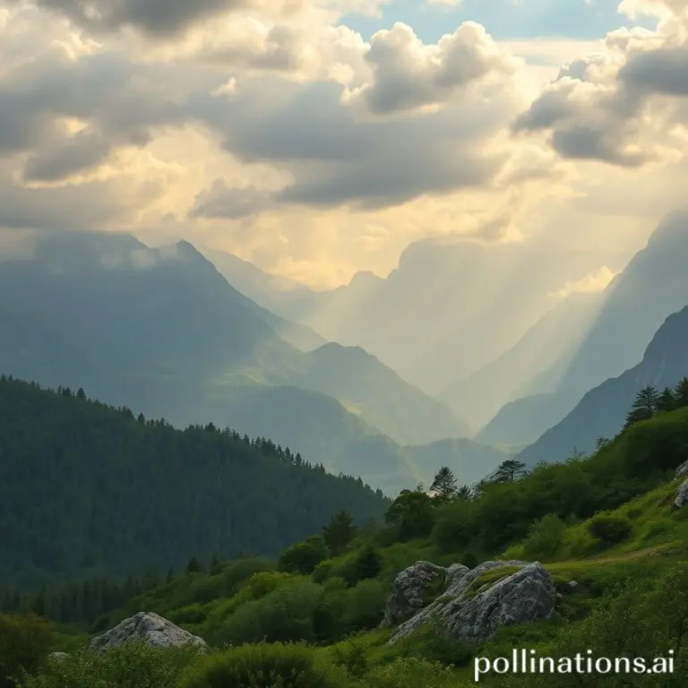 Romantic landscape painting of an intellectual property legal clinic in a natural setting with mountains and dramatic skies.