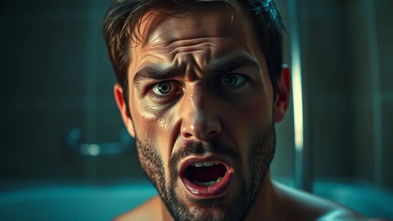 Close-up of a man's face with sweat on his brow, eyes closed in ecstasy, in a steamy bathroom.